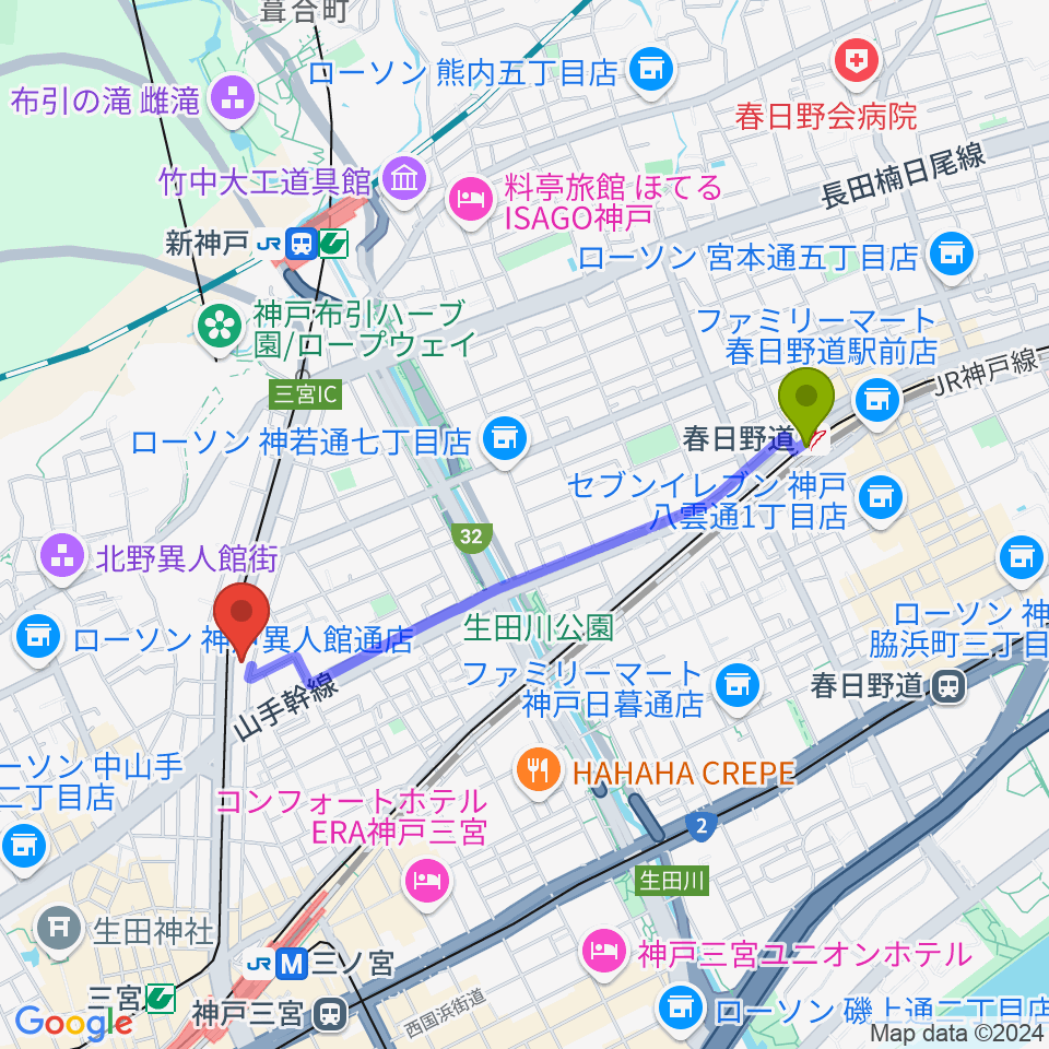 春日野道駅からブリーズ楽器へのルートマップ地図