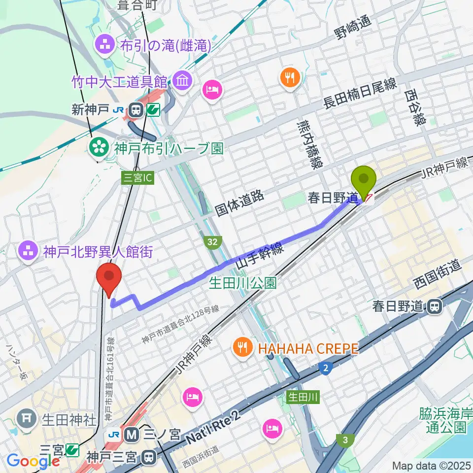 春日野道駅からブリーズ楽器へのルートマップ地図