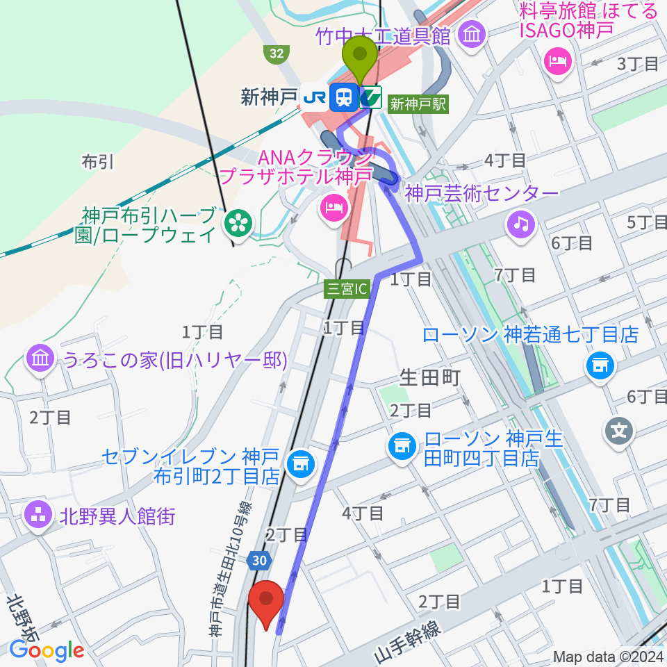 新神戸駅からブリーズ楽器へのルートマップ地図