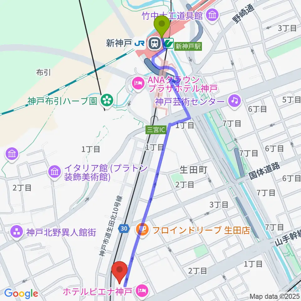 新神戸駅からブリーズ楽器へのルートマップ地図