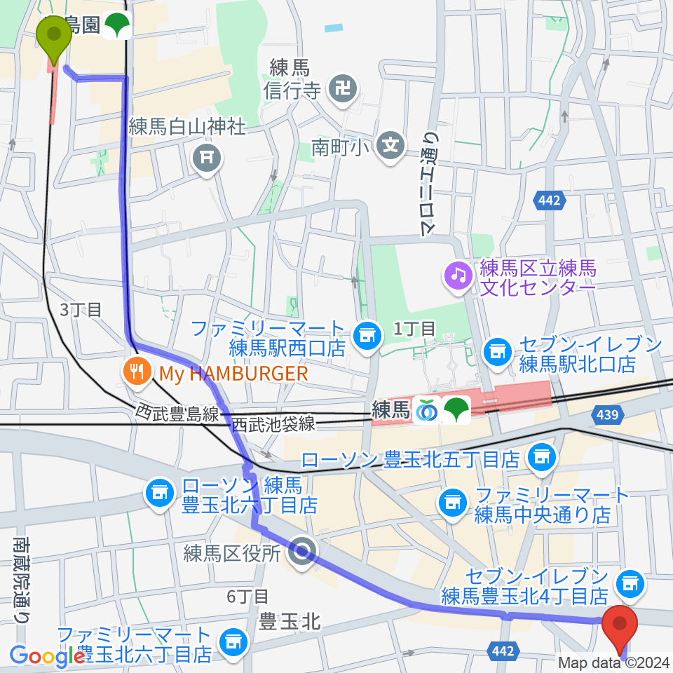 豊島園駅からネオリアこおろぎへのルートマップ地図