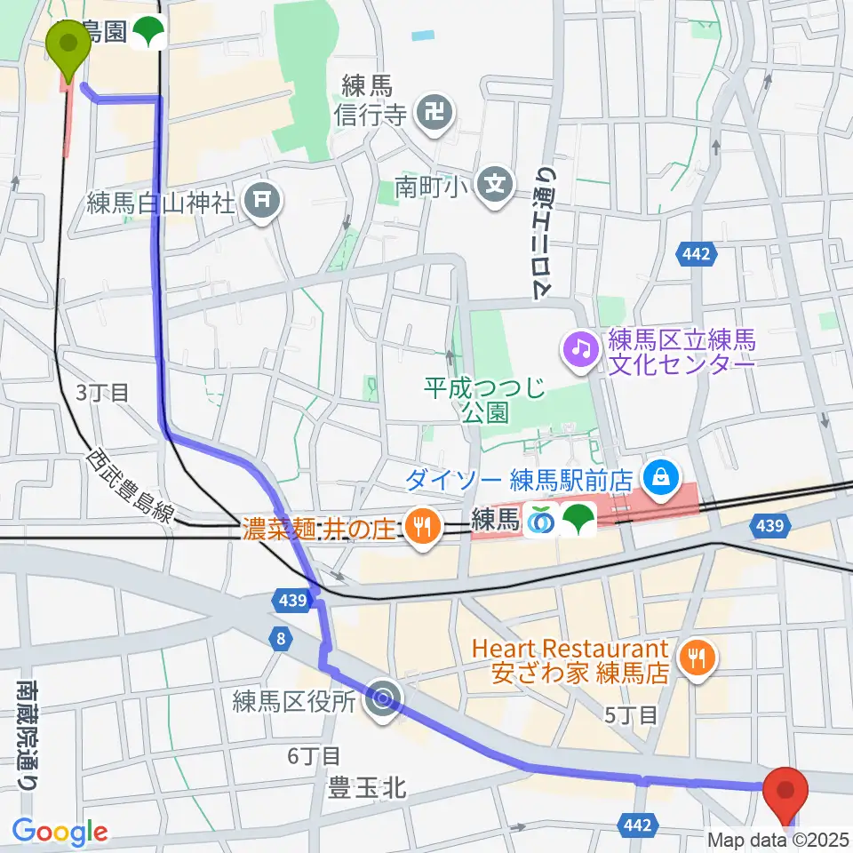 豊島園駅からネオリアこおろぎへのルートマップ地図