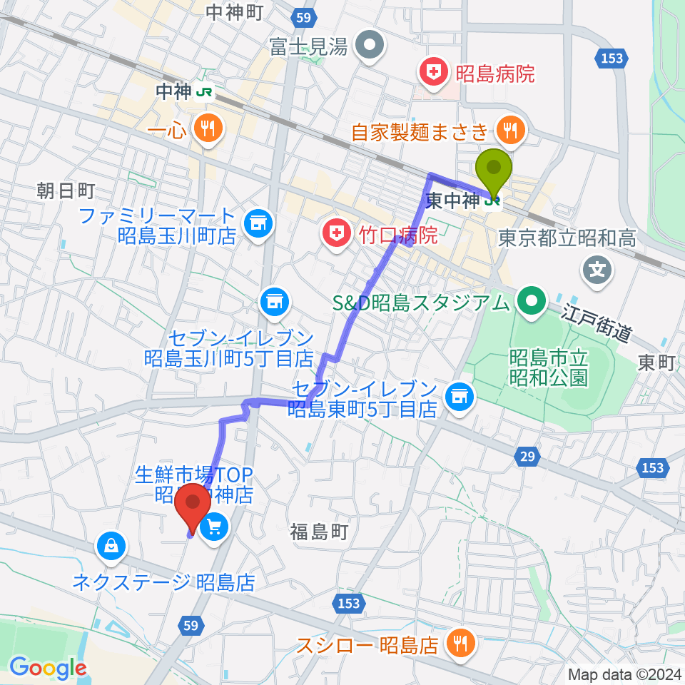 東中神駅から片切琴三味線店へのルートマップ地図