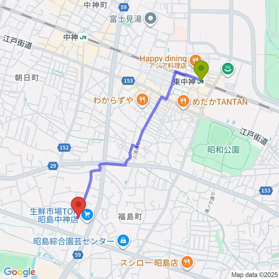 東中神駅から片切琴三味線店へのルートマップ地図