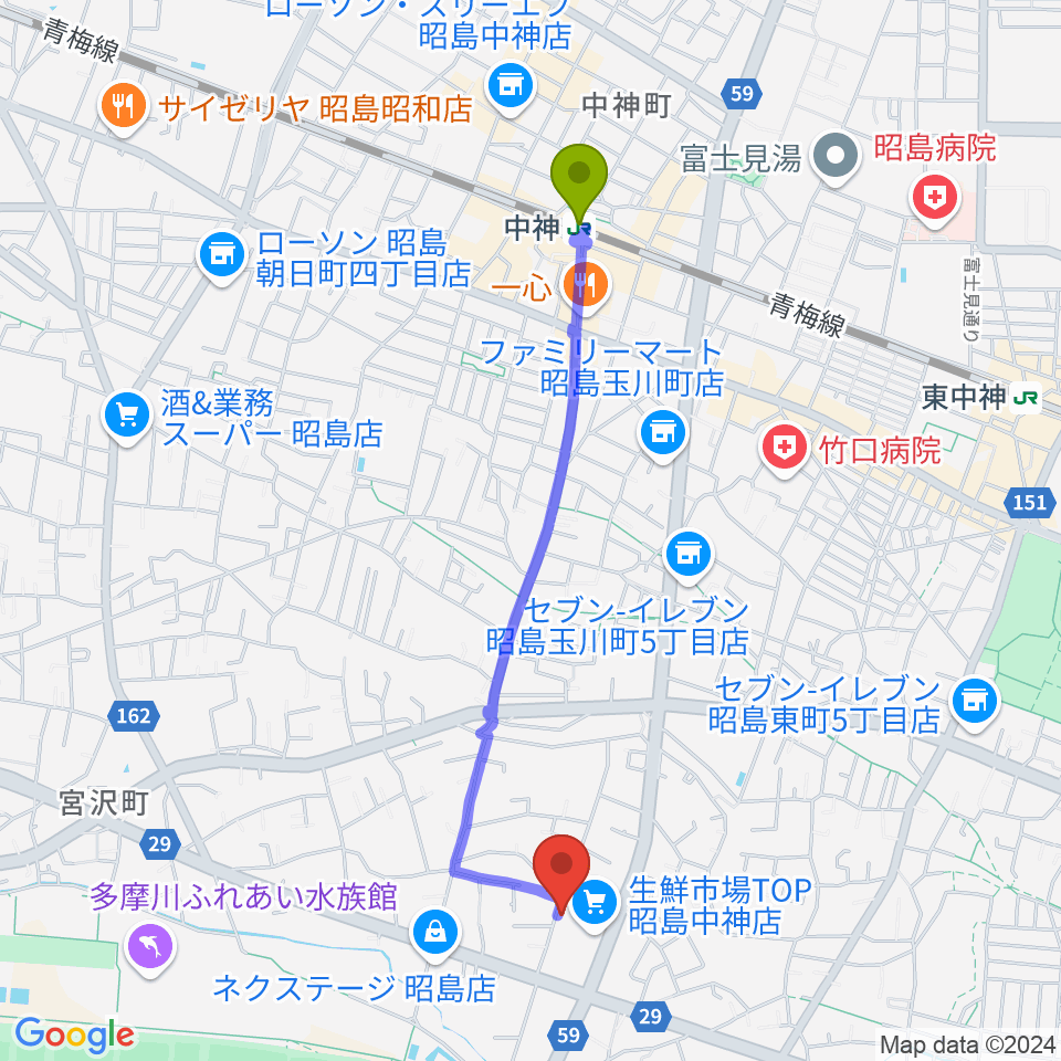 片切琴三味線店の最寄駅中神駅からの徒歩ルート（約20分）地図