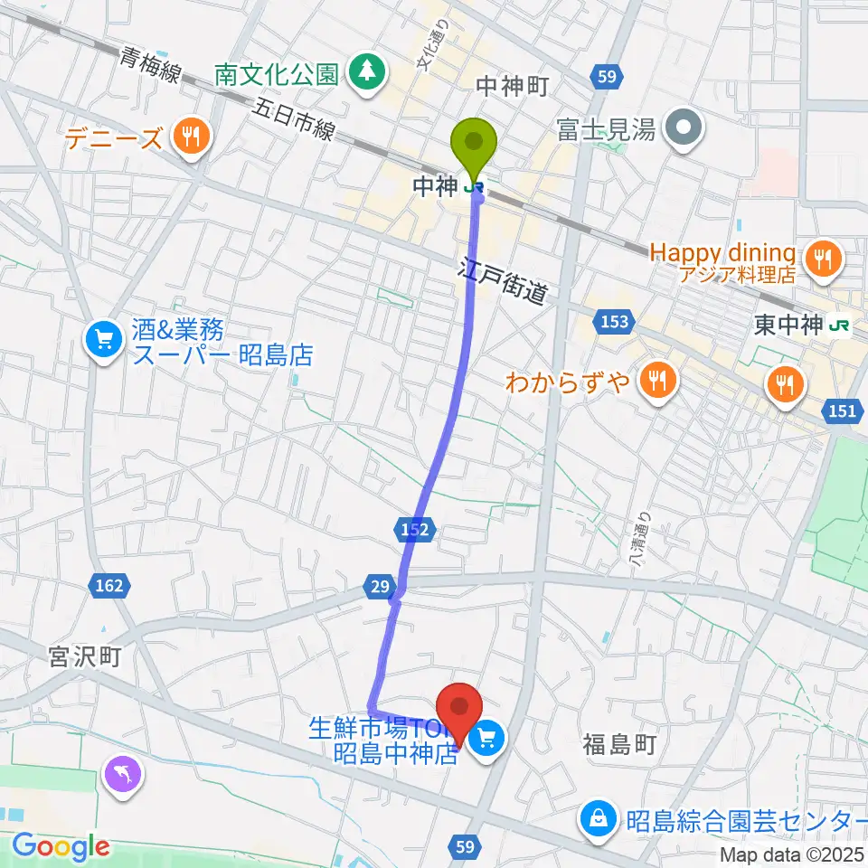 片切琴三味線店の最寄駅中神駅からの徒歩ルート（約20分）地図
