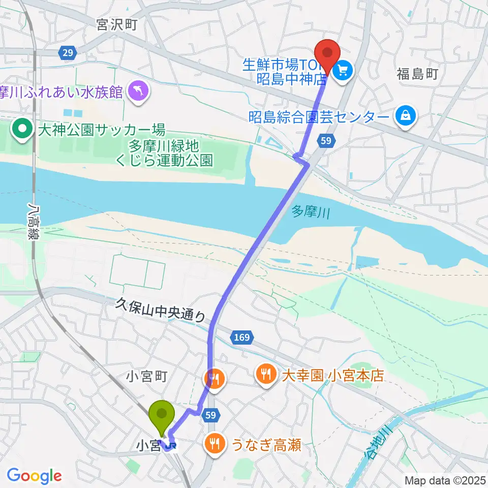 小宮駅から片切琴三味線店へのルートマップ地図