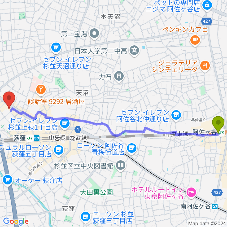 阿佐ケ谷駅から八重洲ピアノ社 荻窪本店第二センターへのルートマップ地図