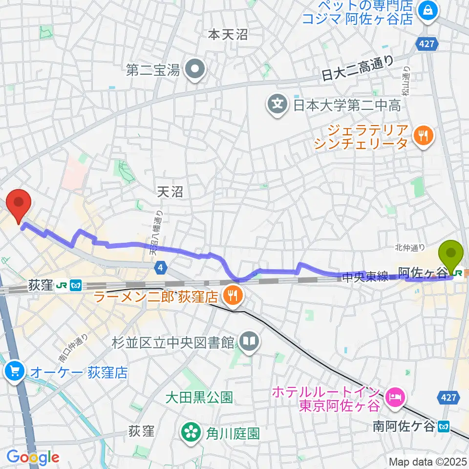 阿佐ケ谷駅から八重洲ピアノ社 荻窪本店第二センターへのルートマップ地図