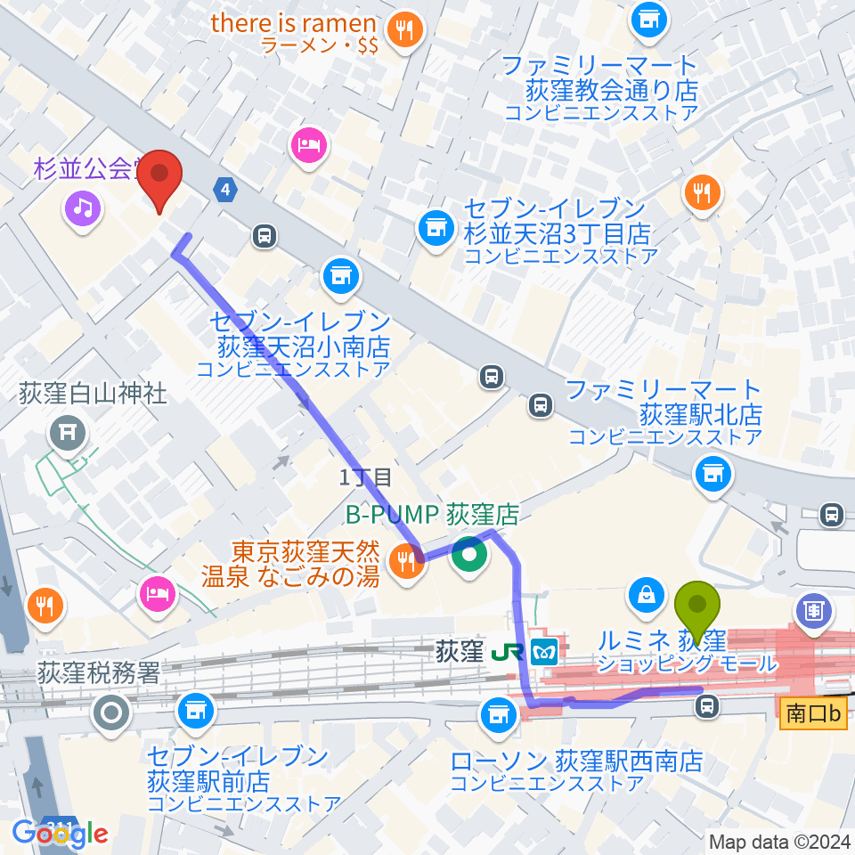 八重洲ピアノ社 荻窪本店第二センターの最寄駅荻窪駅からの徒歩ルート（約6分）地図