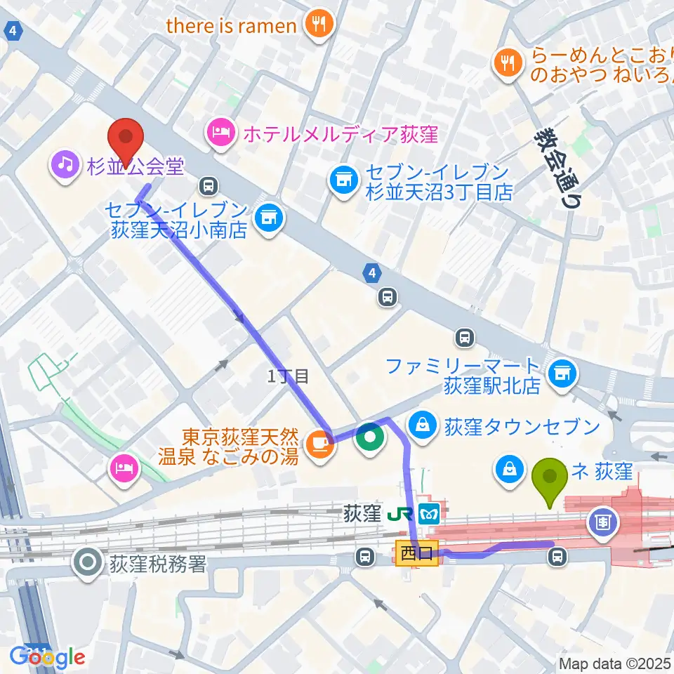 八重洲ピアノ社 荻窪本店第二センターの最寄駅荻窪駅からの徒歩ルート（約6分）地図