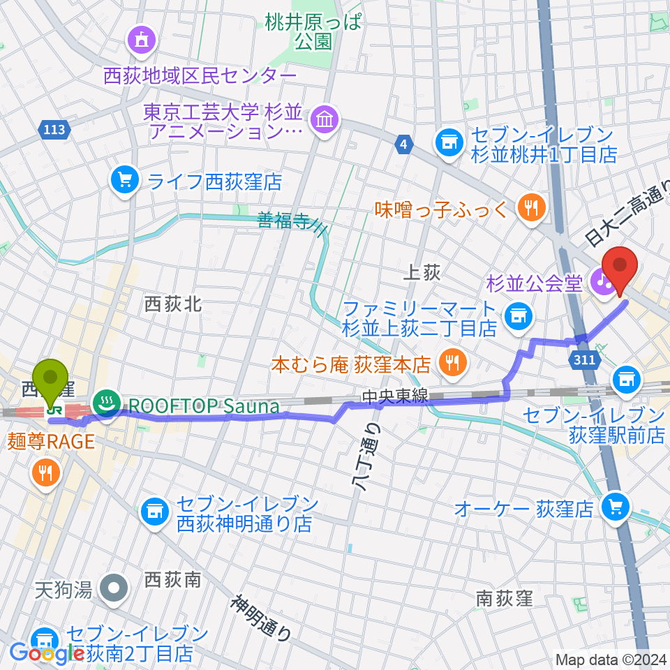 西荻窪駅から八重洲ピアノ社 荻窪本店第二センターへのルートマップ地図