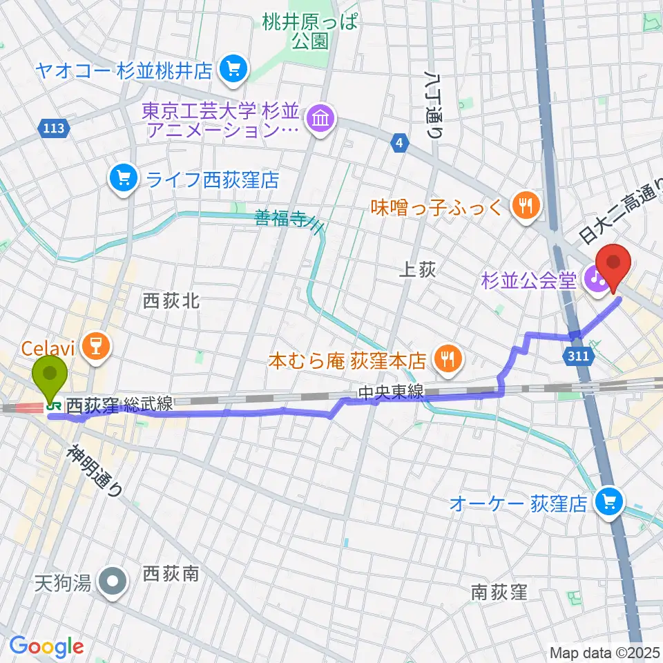 西荻窪駅から八重洲ピアノ社 荻窪本店第二センターへのルートマップ地図