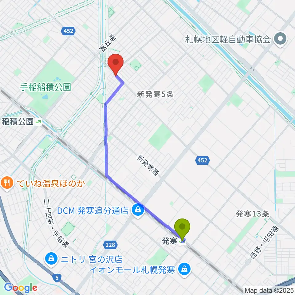発寒駅から極東貿易へのルートマップ地図