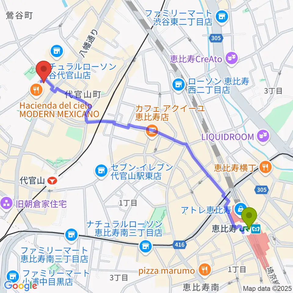 恵比寿駅から弦楽器専門店ラルジュへのルートマップ地図