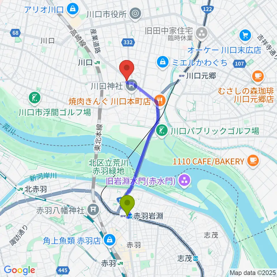 赤羽岩淵駅からラムトリックカンパニーへのルートマップ地図