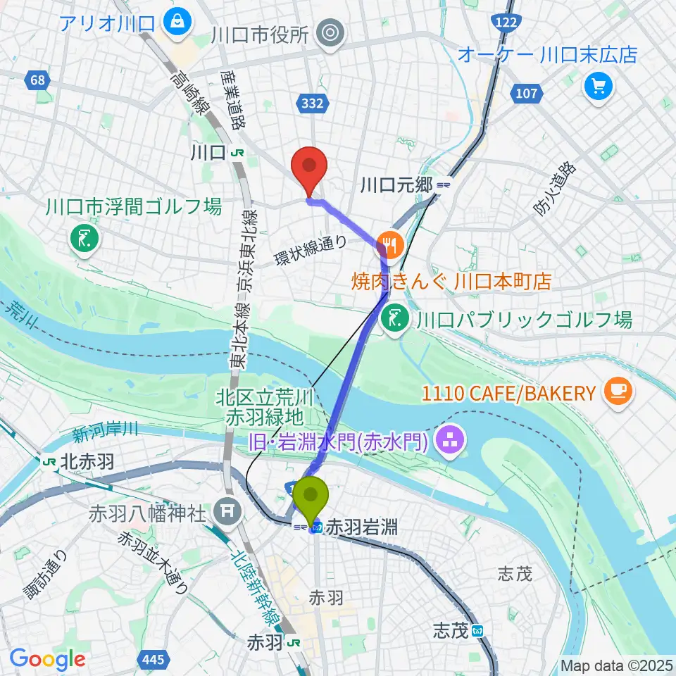 赤羽岩淵駅からラムトリックカンパニーへのルートマップ地図