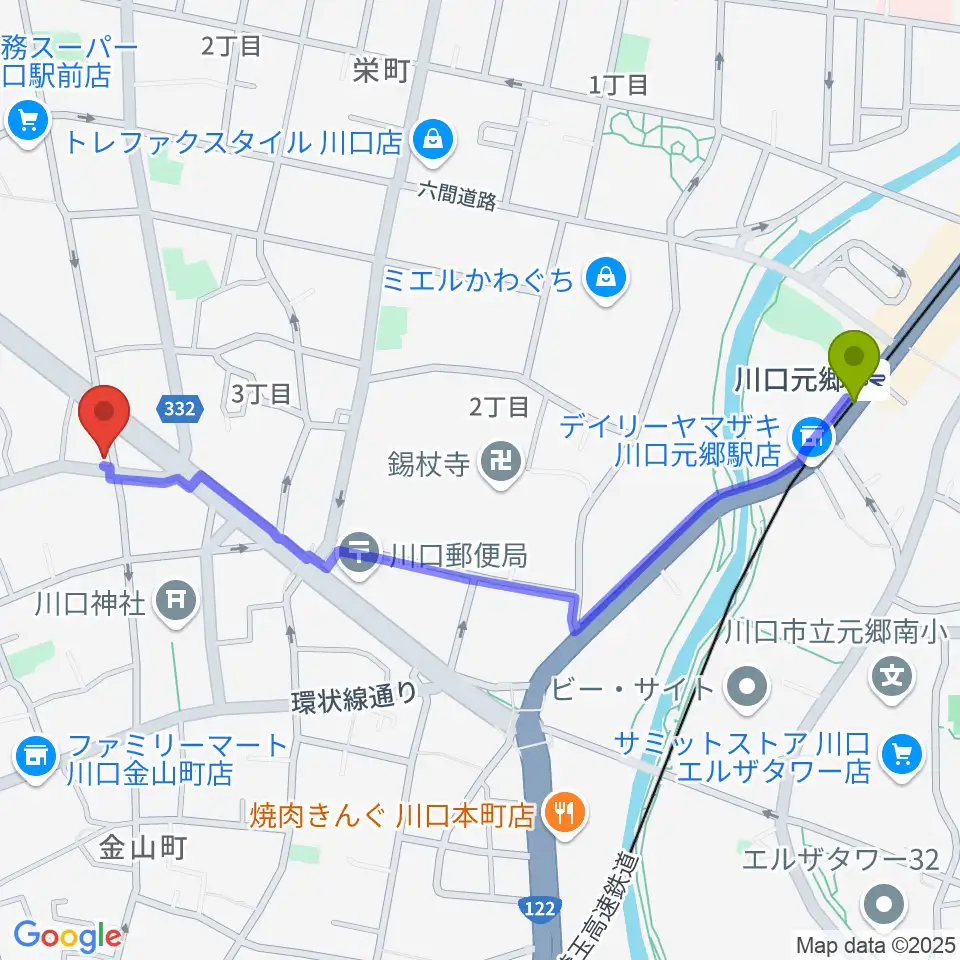川口元郷駅からラムトリックカンパニーへのルートマップ地図