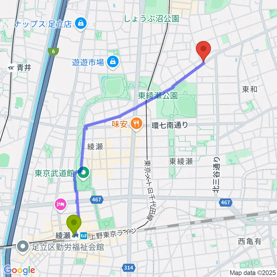 綾瀬駅から皆川ギター工房へのルートマップ地図