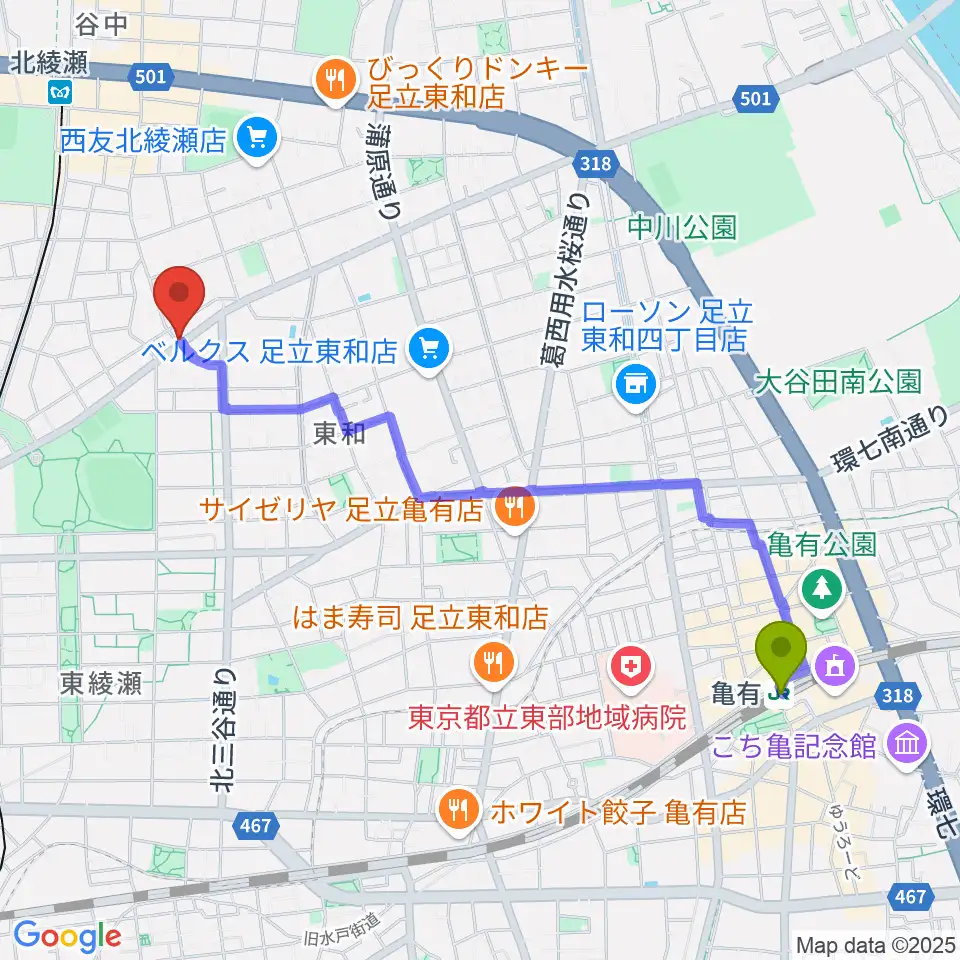 亀有駅から皆川ギター工房へのルートマップ地図