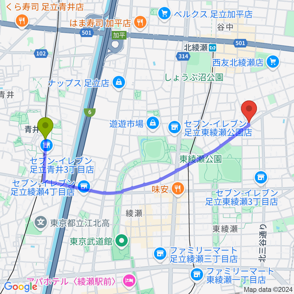 青井駅から皆川ギター工房へのルートマップ地図