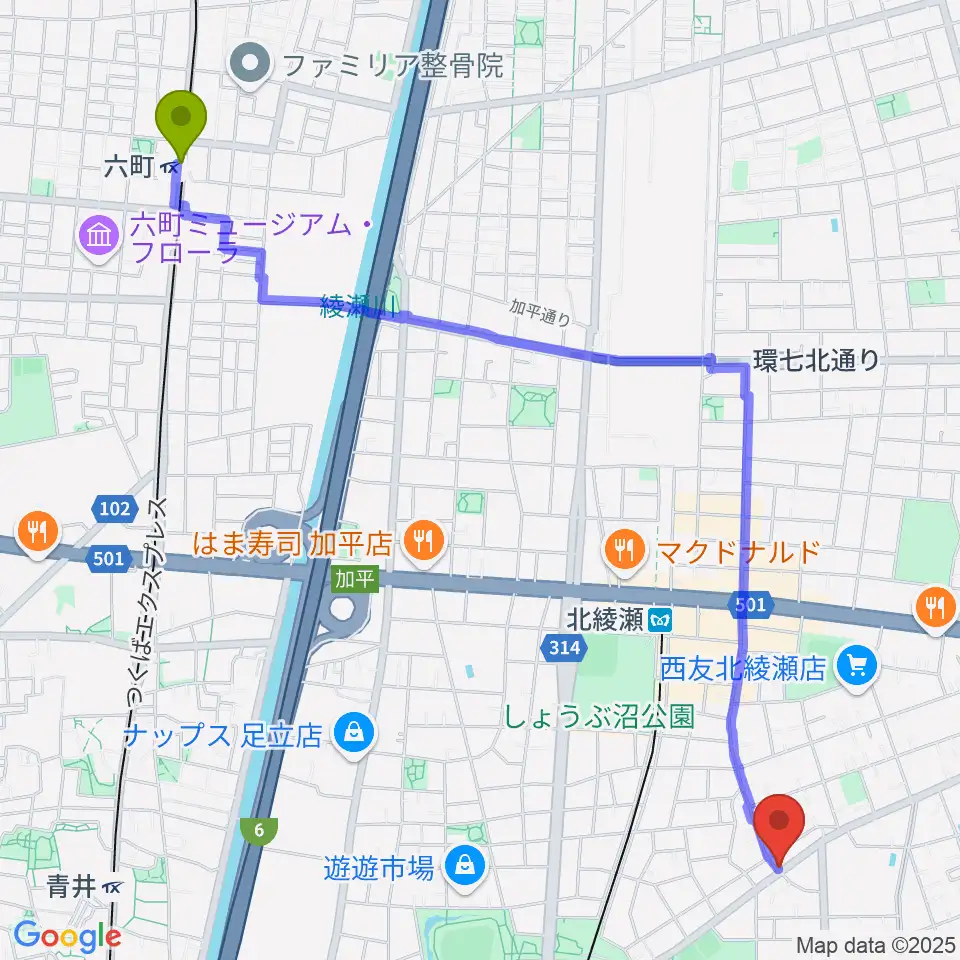 六町駅から皆川ギター工房へのルートマップ地図
