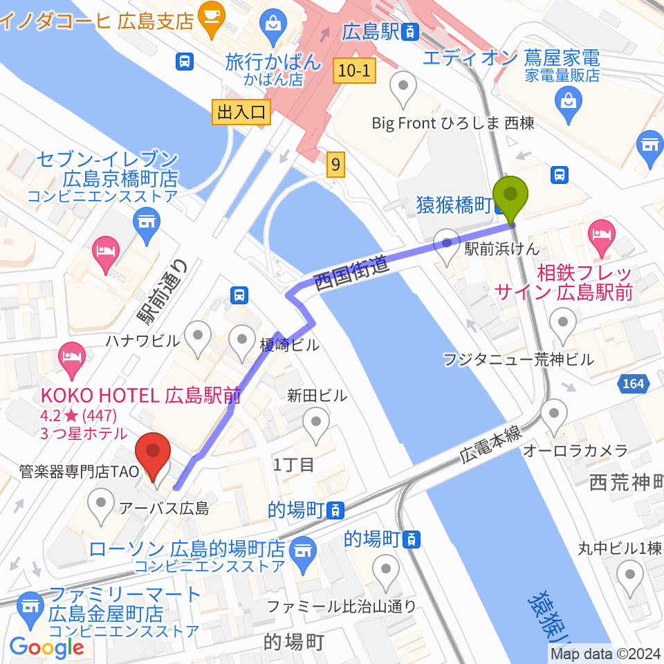 猿猴橋町駅からミュージックライフTAO広島店へのルートマップ地図