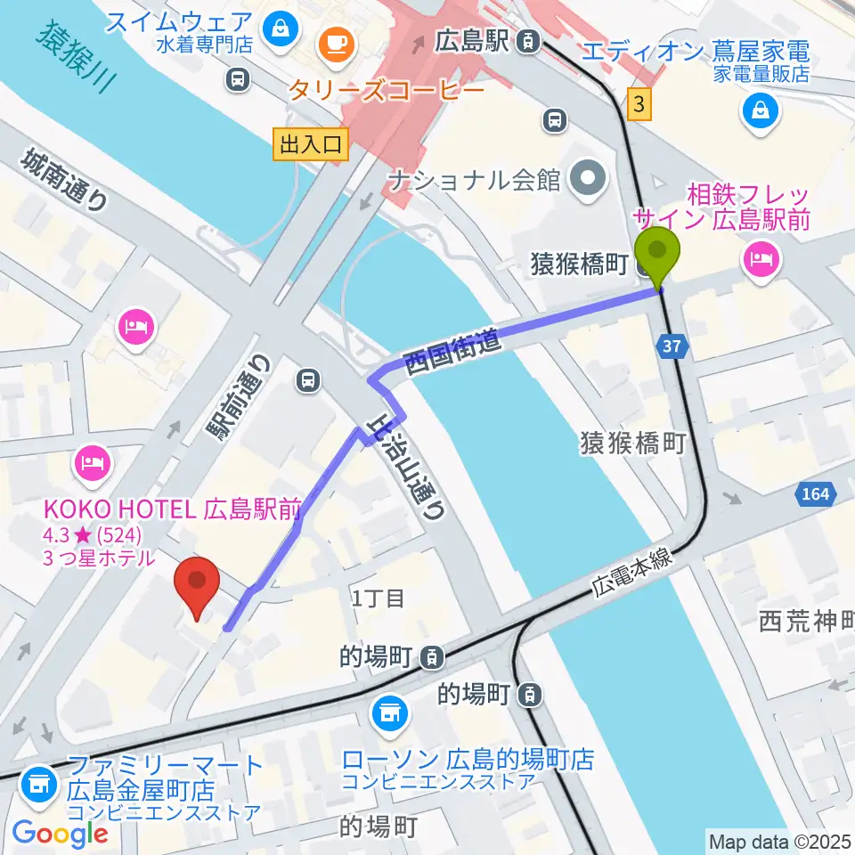 猿猴橋町駅からミュージックライフTAO広島店へのルートマップ地図