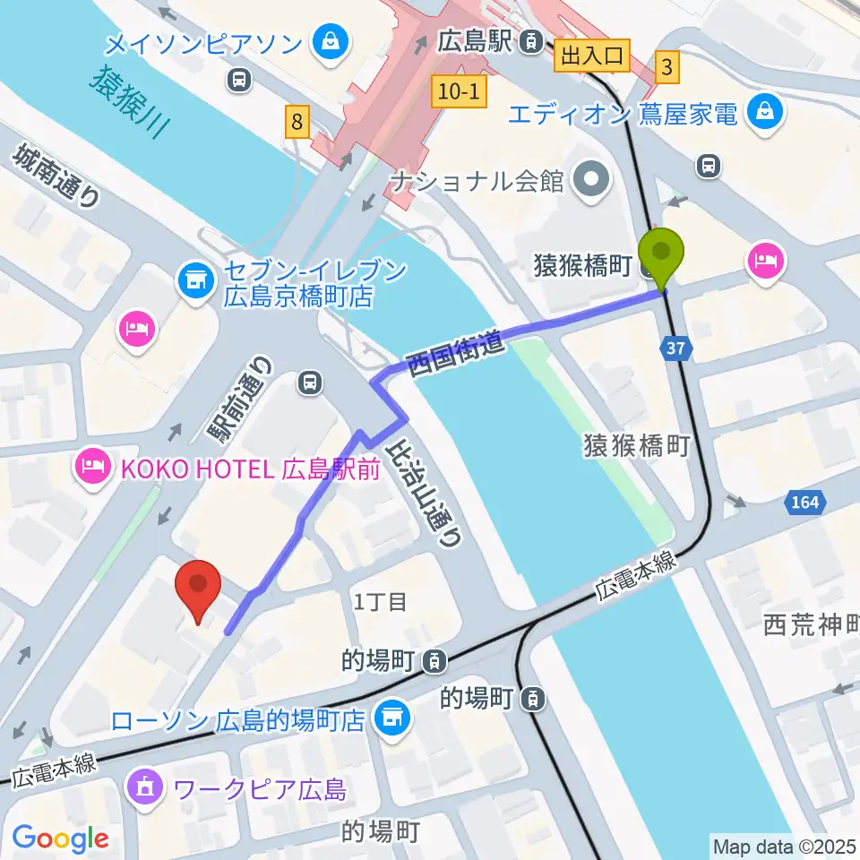 猿猴橋町駅からミュージックライフTAO広島店へのルートマップ地図