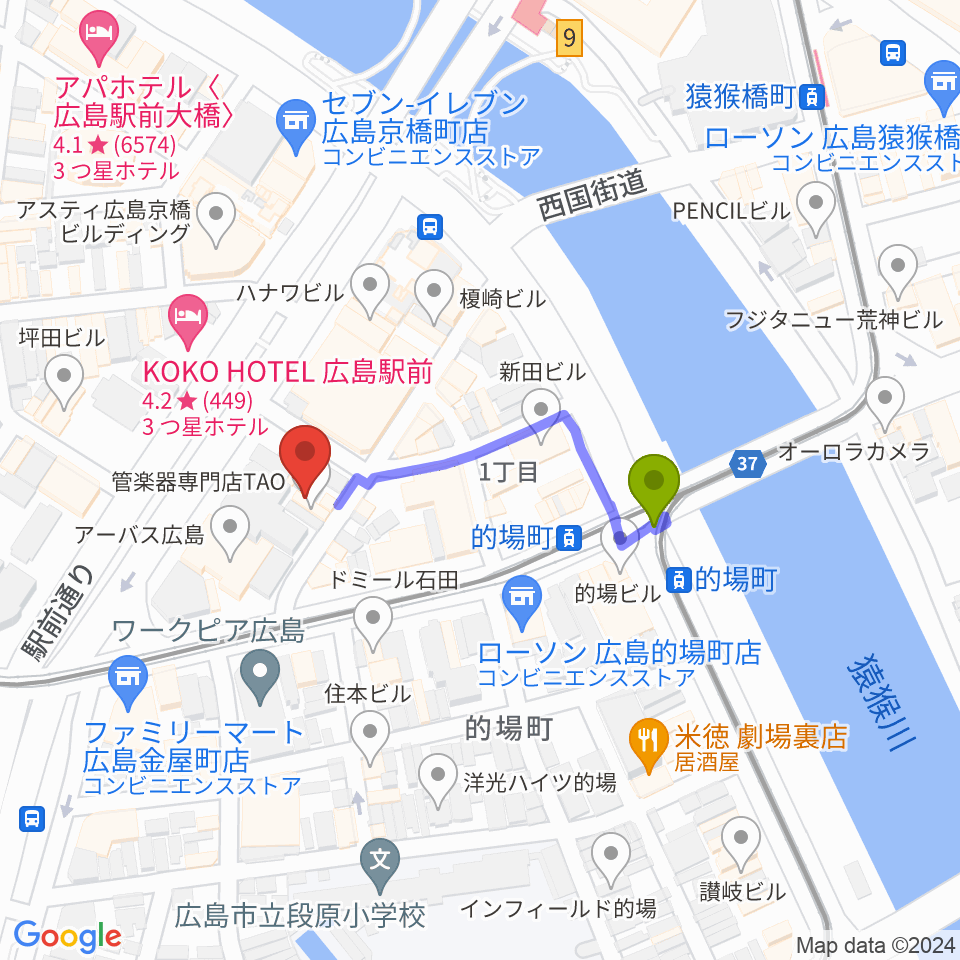 的場町駅からミュージックライフTAO広島店へのルートマップ地図