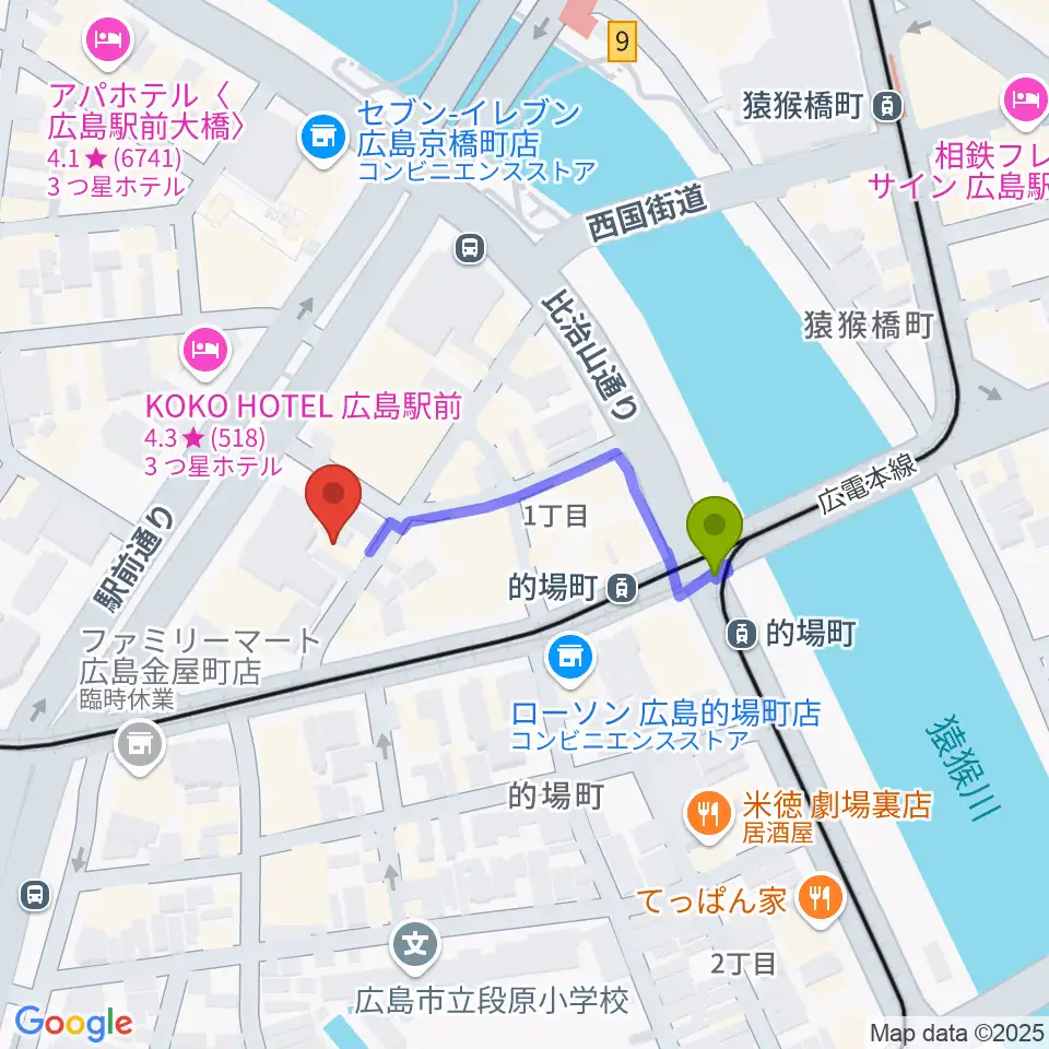 的場町駅からミュージックライフTAO広島店へのルートマップ地図