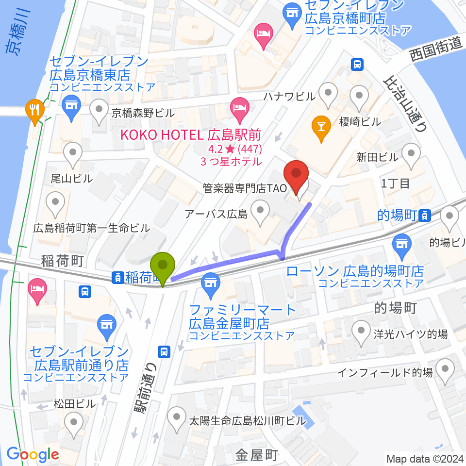 ミュージックライフTAO広島店の最寄駅稲荷町駅からの徒歩ルート（約3分）地図