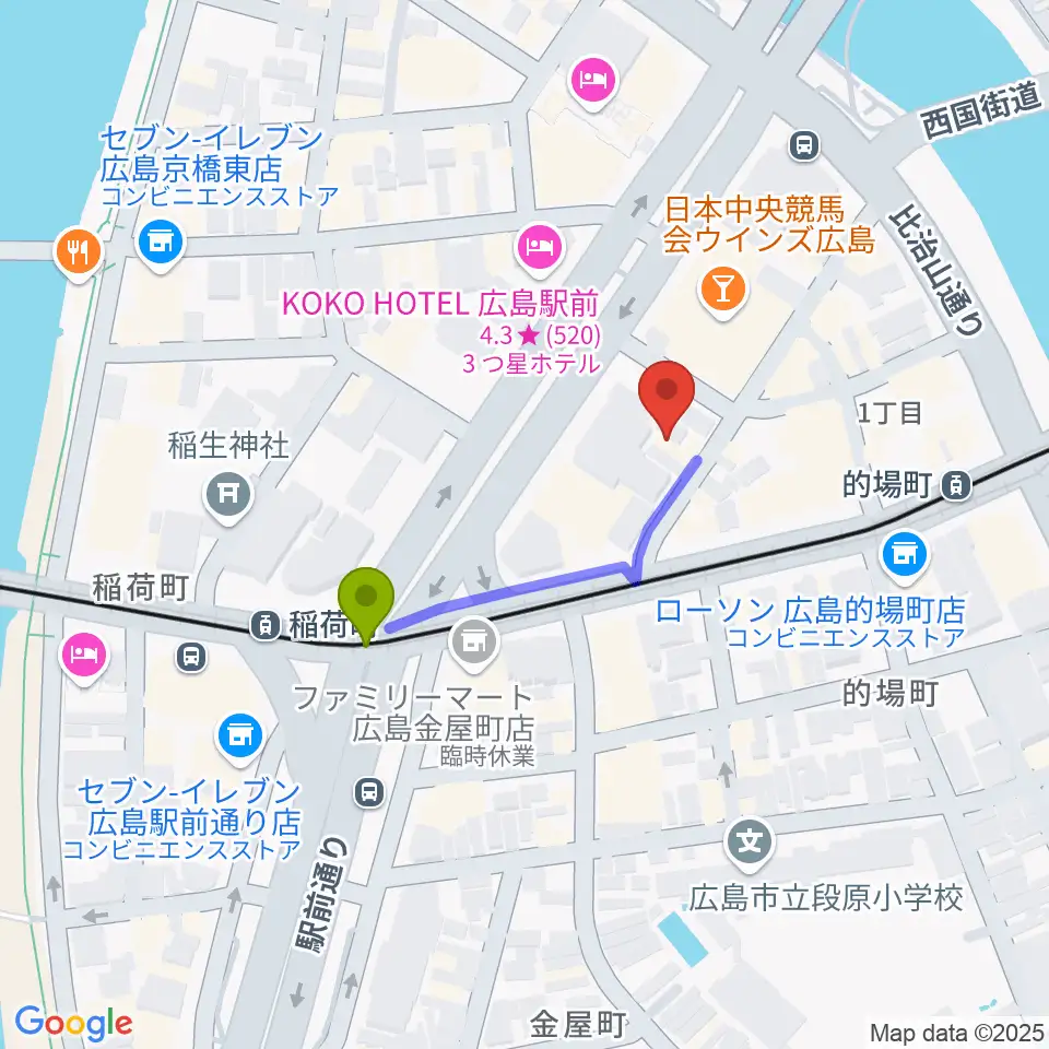 ミュージックライフTAO広島店の最寄駅稲荷町駅からの徒歩ルート（約3分）地図