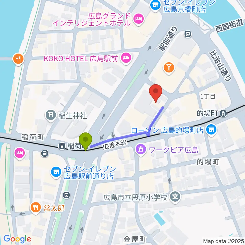 ミュージックライフTAO広島店の最寄駅稲荷町駅からの徒歩ルート（約3分）地図