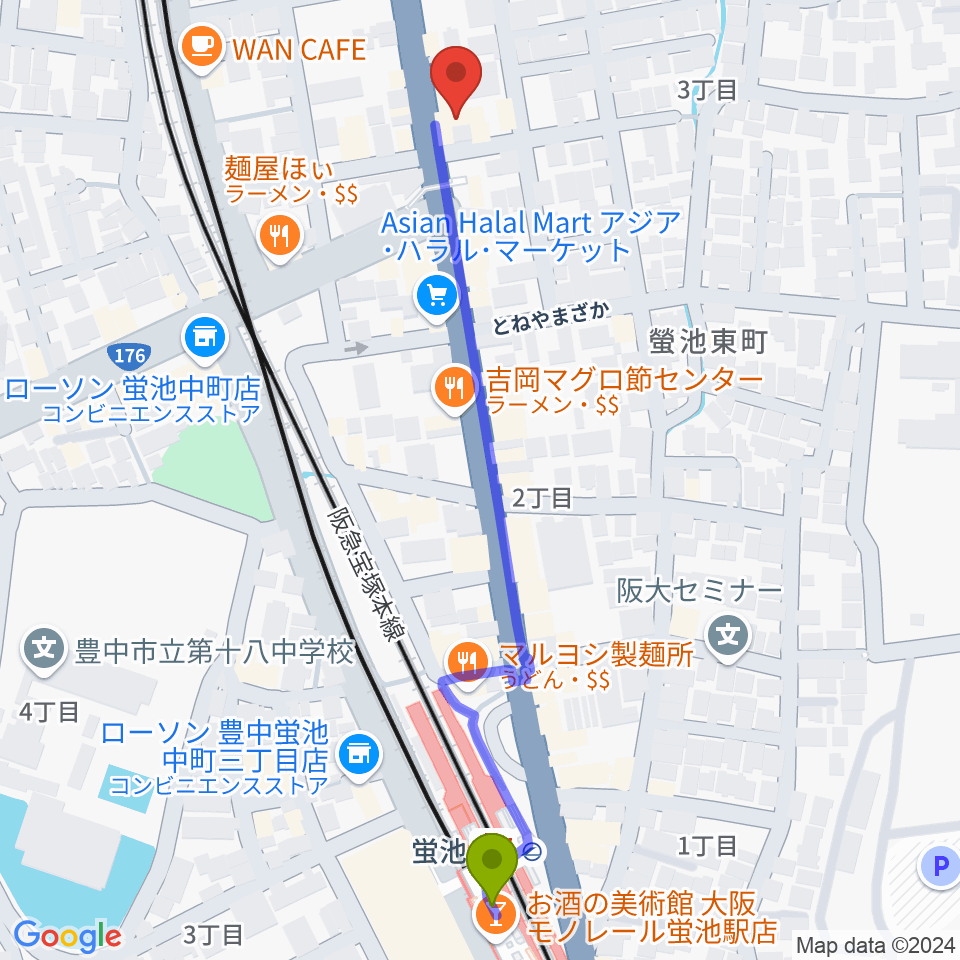 マルカートの最寄駅蛍池駅からの徒歩ルート（約6分）地図