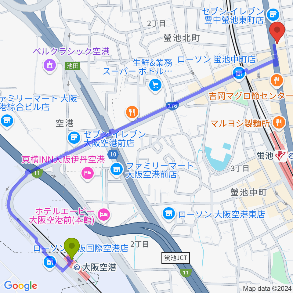 大阪空港駅からマルカートへのルートマップ地図