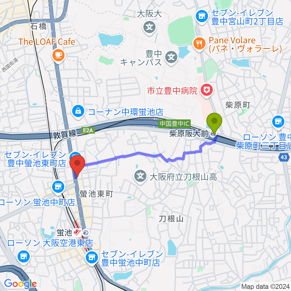 柴原阪大前駅からマルカートへのルートマップ地図