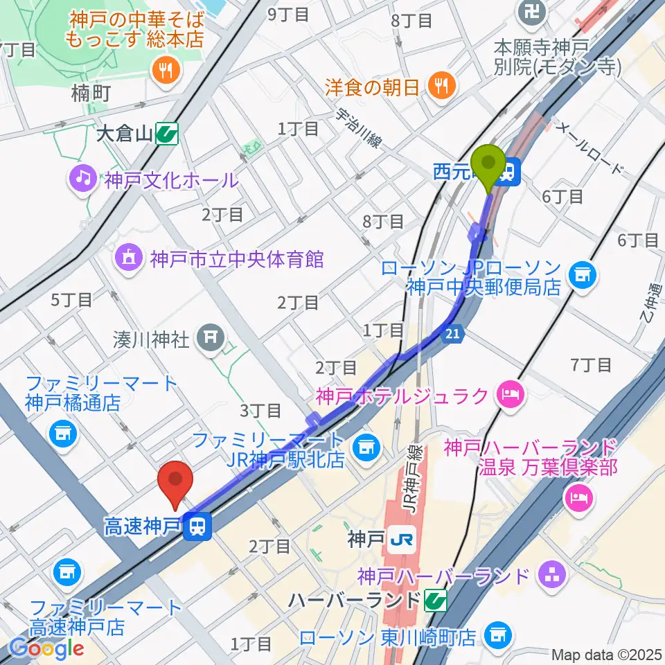 西元町駅からまる福楽器店へのルートマップ地図