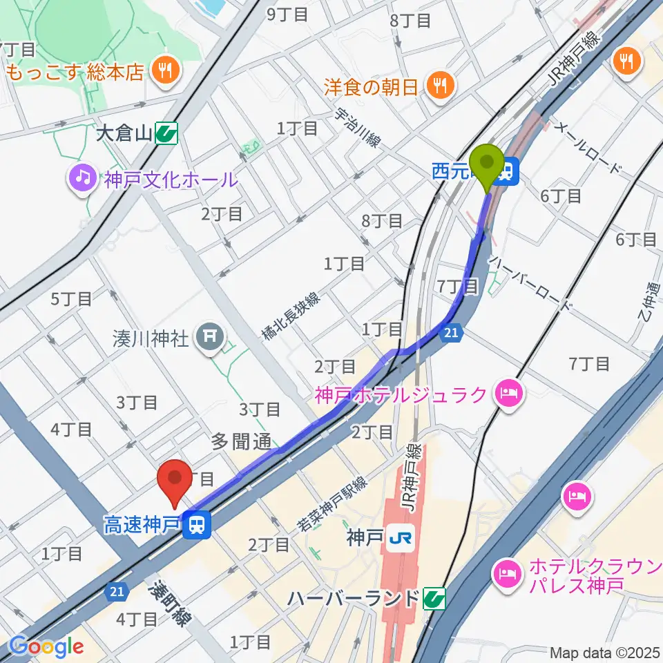 西元町駅からまる福楽器店へのルートマップ地図