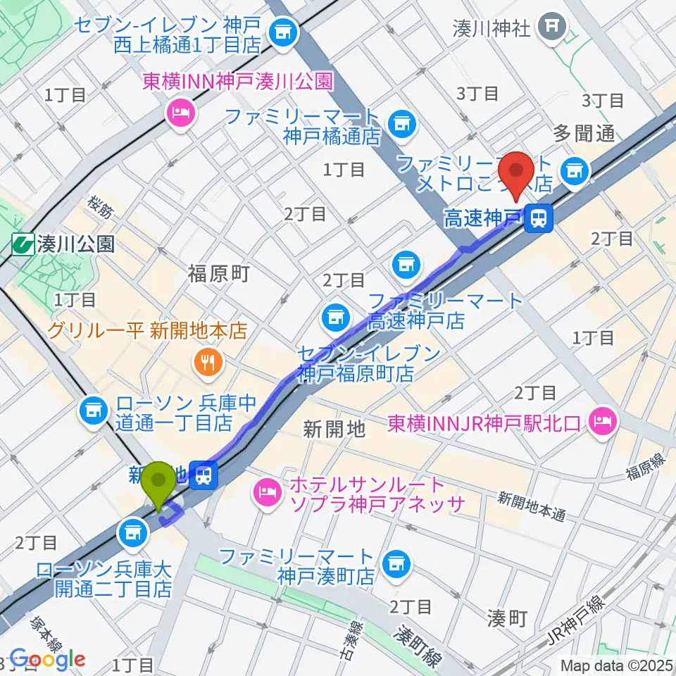 新開地駅からまる福楽器店へのルートマップ地図