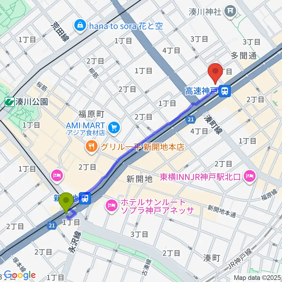 新開地駅からまる福楽器店へのルートマップ地図