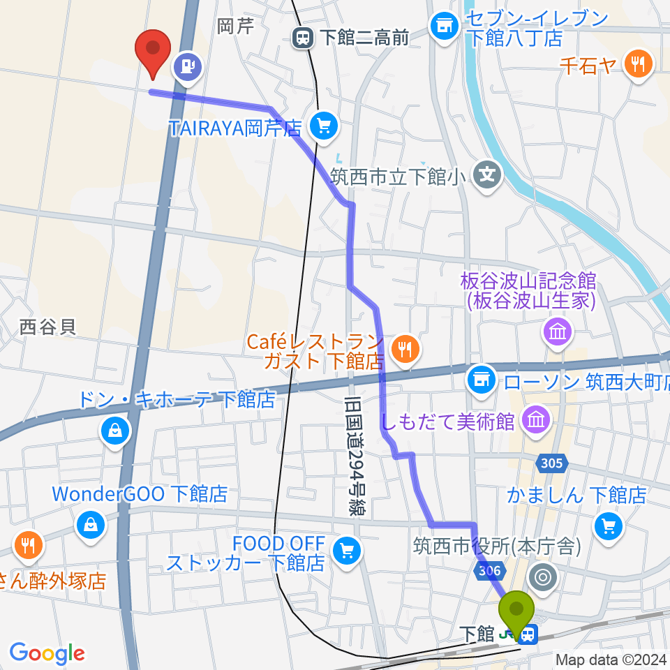 下館駅からマルシン楽器へのルートマップ地図