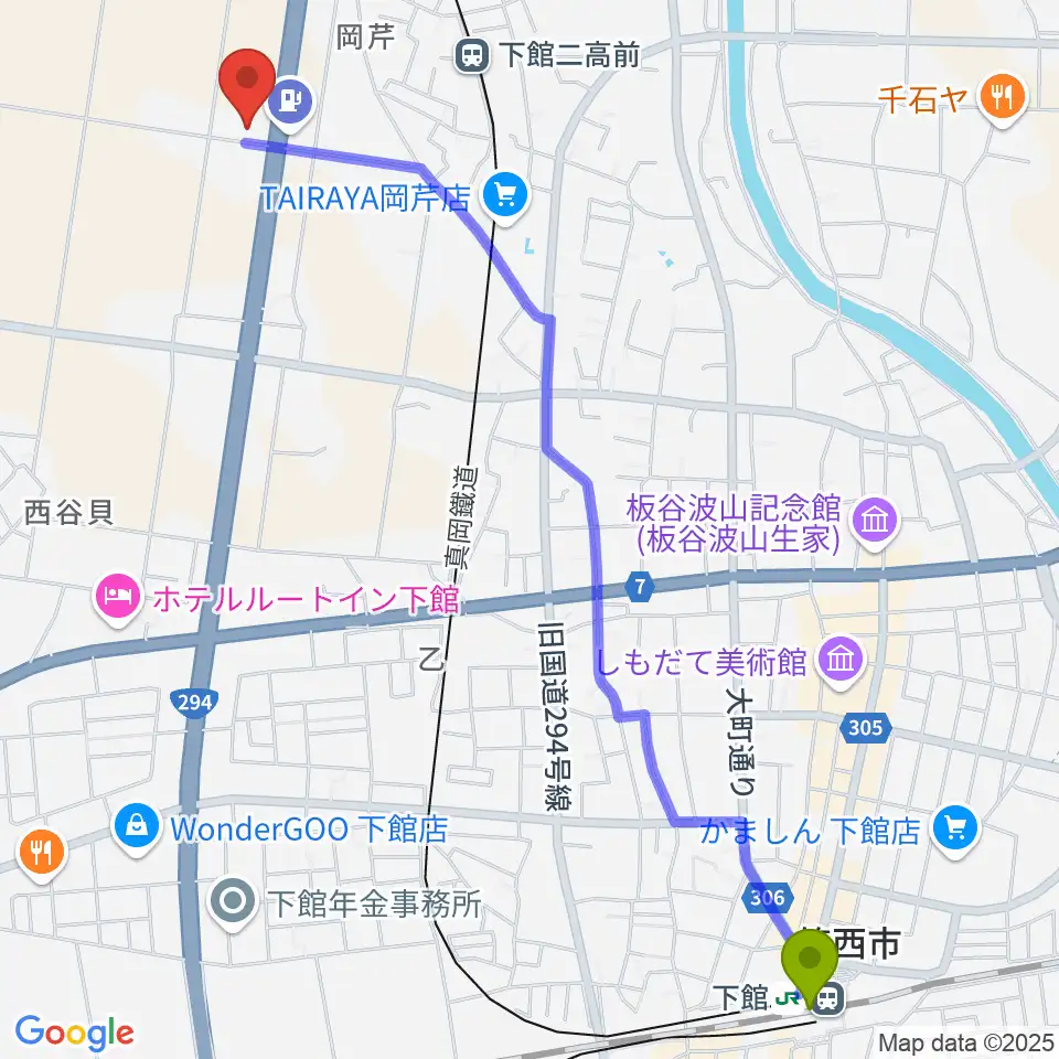 下館駅からマルシン楽器へのルートマップ地図
