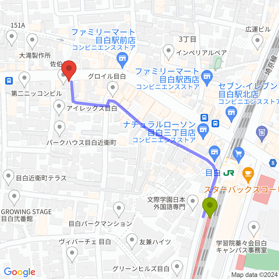 株式会社目白の最寄駅目白駅からの徒歩ルート（約5分）地図