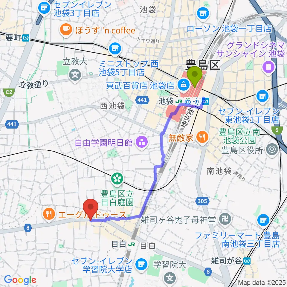池袋駅から株式会社目白へのルートマップ地図