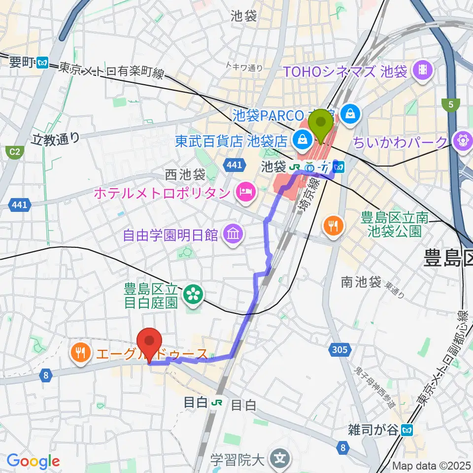 池袋駅から株式会社目白へのルートマップ地図