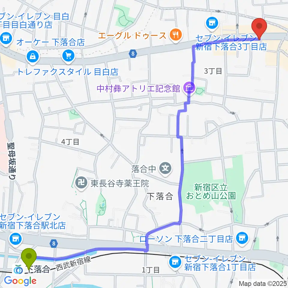 下落合駅から株式会社目白へのルートマップ地図