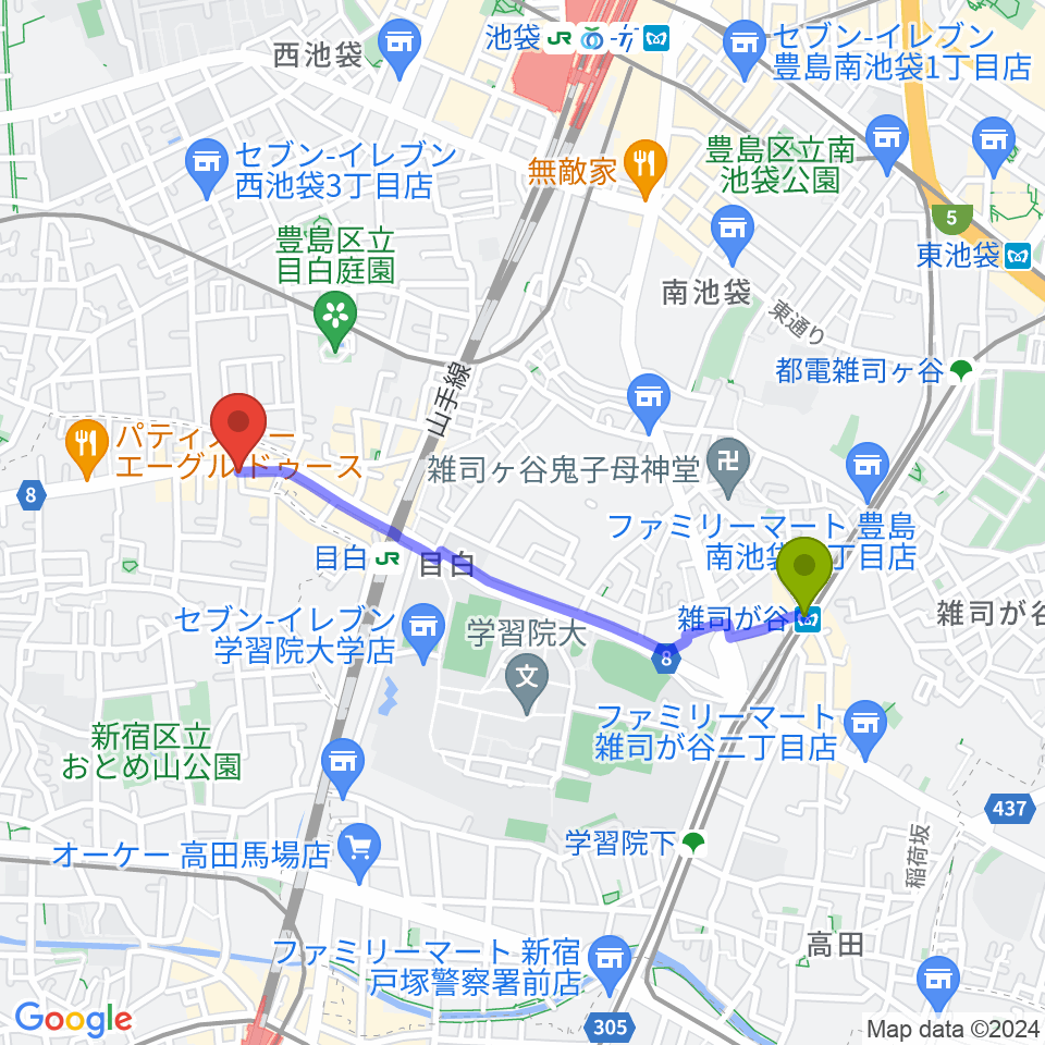 雑司が谷駅から株式会社目白へのルートマップ地図