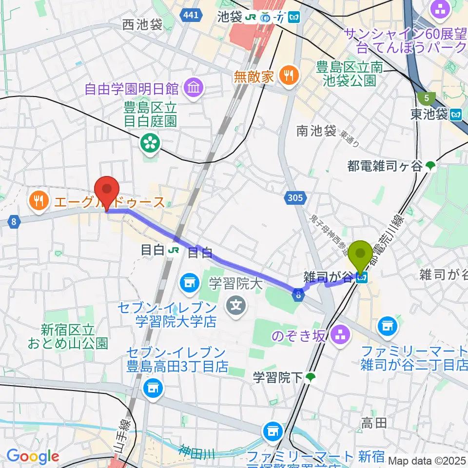 雑司が谷駅から株式会社目白へのルートマップ地図