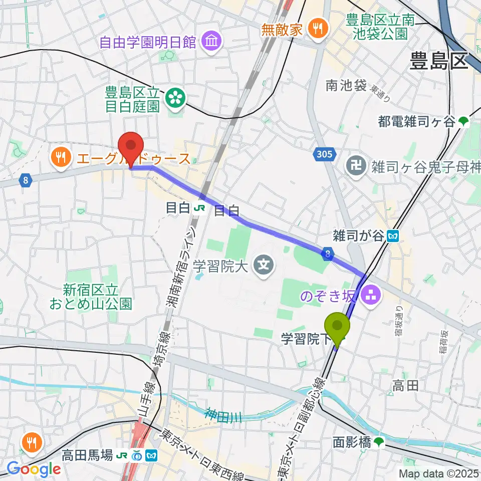 学習院下駅から株式会社目白へのルートマップ地図